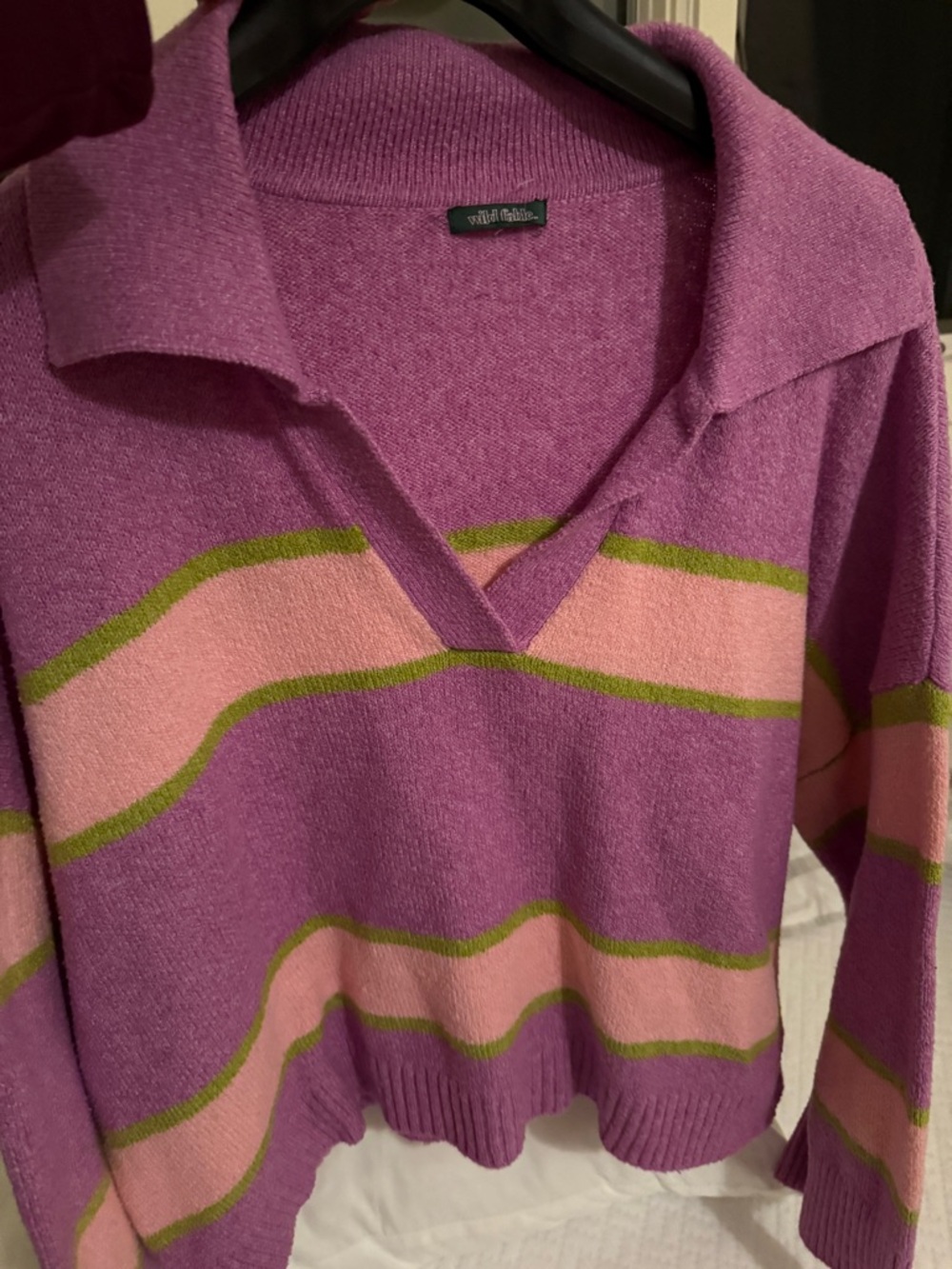 Wild Fable Purple Slouchy V-Neck Collar Striped Sweater w/ Pink & Green Accents